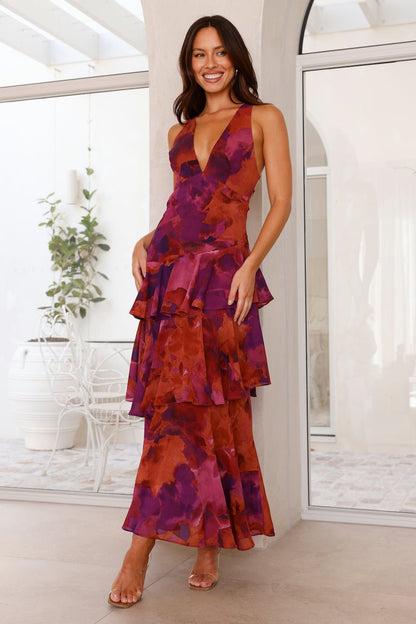 Elegant Wedding Guest Dress for Women with V Neck Ruffle Floral Maxi Formal Style