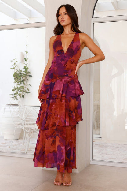 Elegant Wedding Guest Dress for Women with V Neck Ruffle Floral Maxi Formal Style