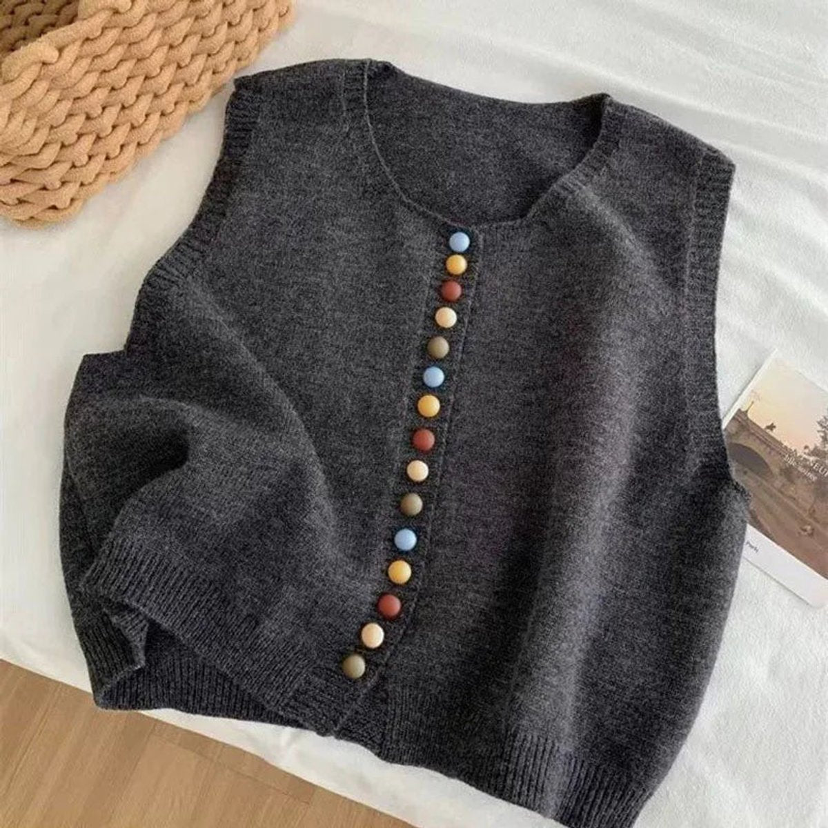 Cozy Knit Sweater Vest for Women with V Neck Sleeveless Button Front Relaxed Style