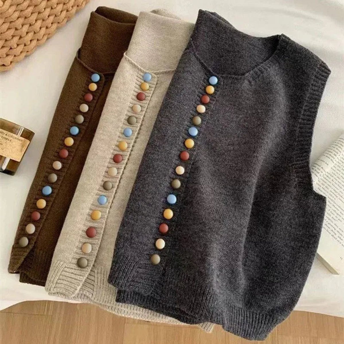 Cozy Knit Sweater Vest for Women with V Neck Sleeveless Button Front Relaxed Style