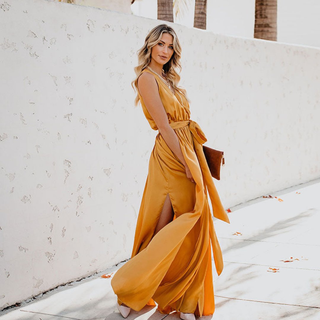 Elegant Wedding Guest Dress for Women with V Neck Sleeveless Belted Side Split Maxi Style
