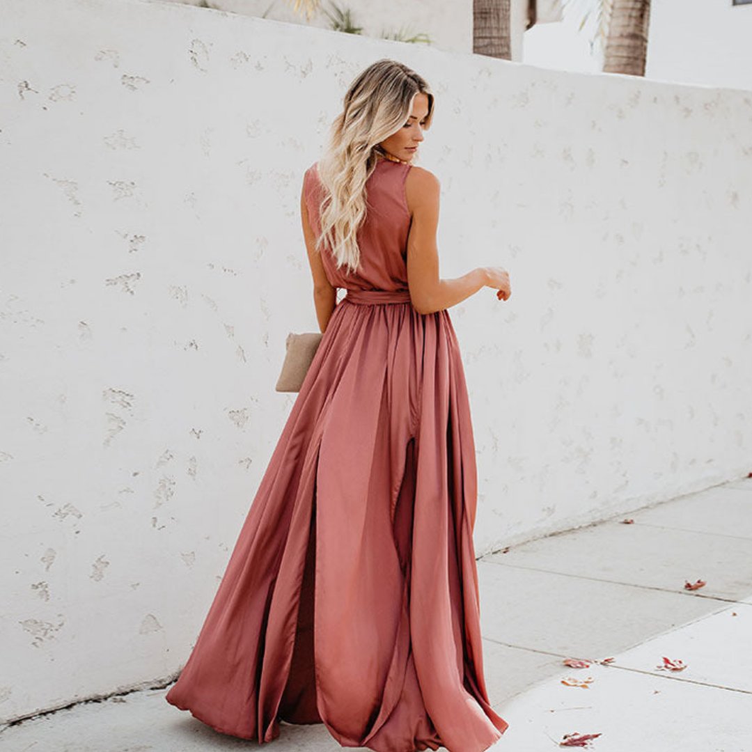 Elegant Wedding Guest Dress for Women with V Neck Sleeveless Belted Side Split Maxi Style