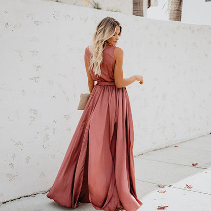 Elegant Wedding Guest Dress for Women with V Neck Sleeveless Belted Side Split Maxi Style