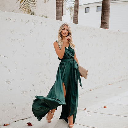 Elegant Wedding Guest Dress for Women with V Neck Sleeveless Belted Side Split Maxi Style