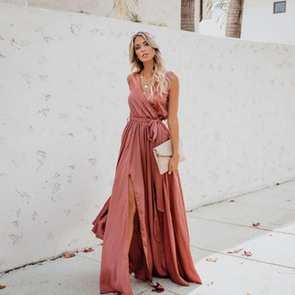 Elegant Wedding Guest Dress for Women with V Neck Sleeveless Belted Side Split Maxi Style
