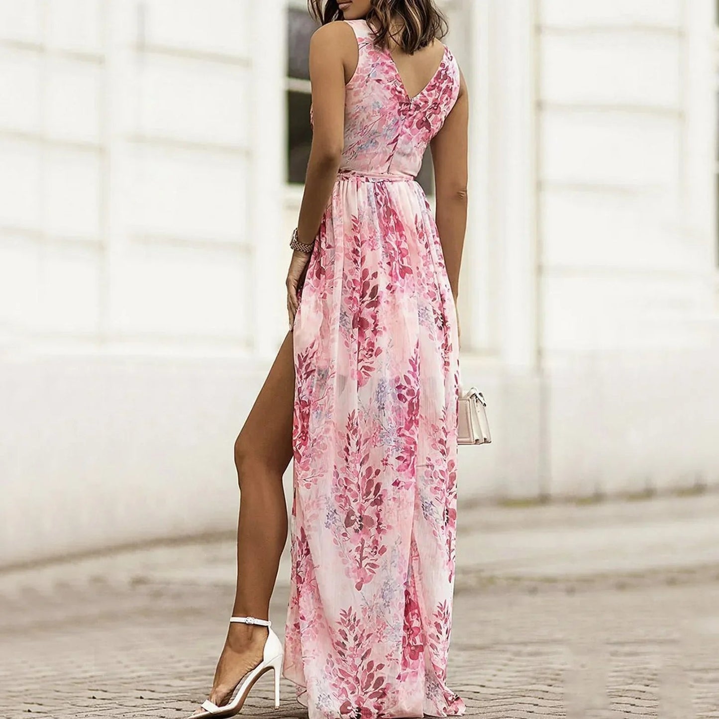 Elegant Wedding Guest Dress for Women with V Neck Sleeveless Floral Side Split Maxi Style
