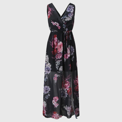 Elegant Wedding Guest Dress for Women with V Neck Sleeveless Floral Side Split Maxi Style