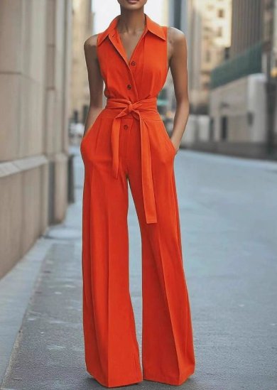 Elegant Wide Leg Jumpsuit for Women with Lapel Collar Sleeveless Belted Formal Style