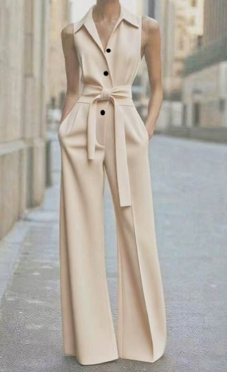 Elegant Wide Leg Jumpsuit for Women with Lapel Collar Sleeveless Belted Formal Style