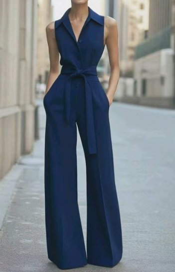 Elegant Wide Leg Jumpsuit for Women with Lapel Collar Sleeveless Belted Formal Style