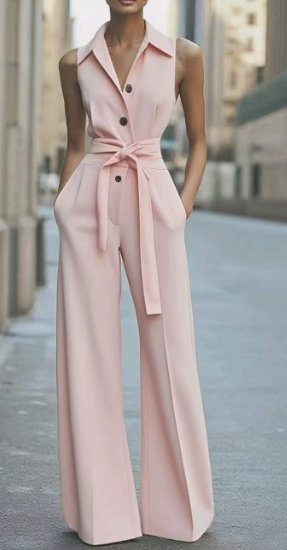 Elegant Wide Leg Jumpsuit for Women with Lapel Collar Sleeveless Belted Formal Style