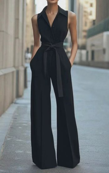 Elegant Wide Leg Jumpsuit for Women with Lapel Collar Sleeveless Belted Formal Style