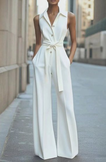 Elegant Wide Leg Jumpsuit for Women with Lapel Collar Sleeveless Belted Formal Style