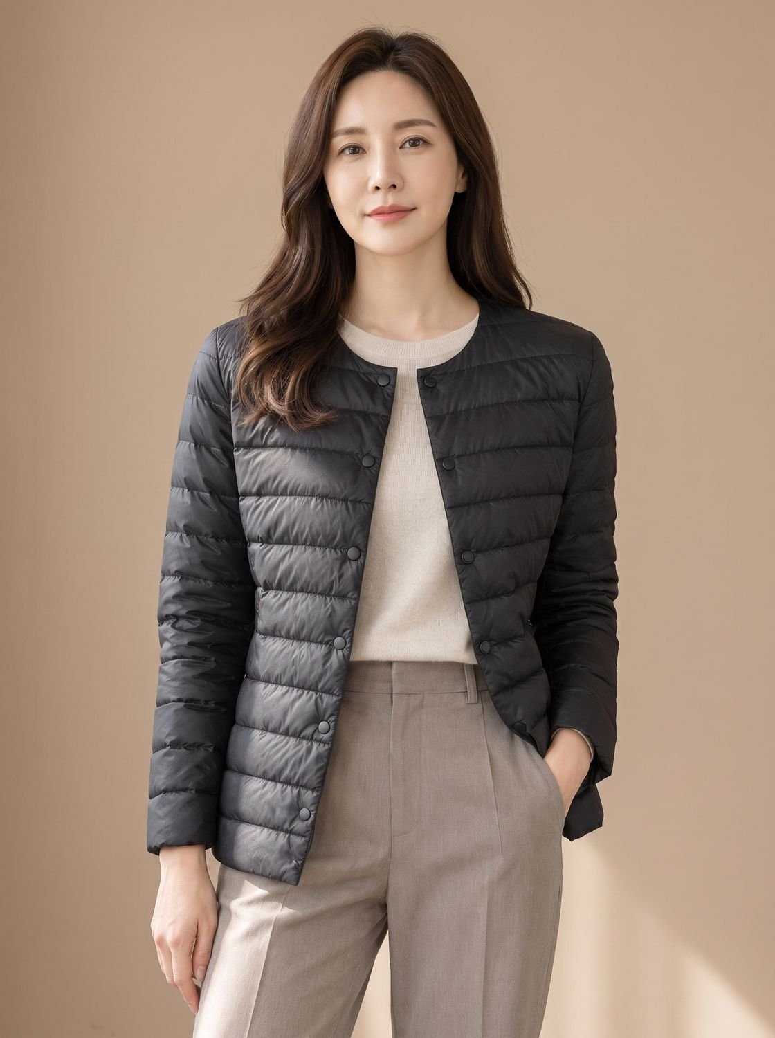 Cozy Lightweight Down Puffer Jacket for Women with Round Neck Long Sleeve Collarless Snap Winter Style