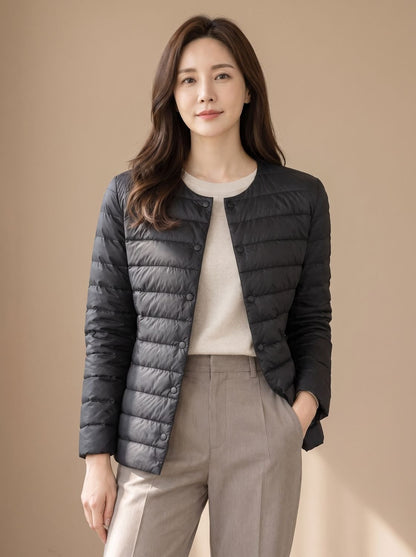 Cozy Lightweight Down Puffer Jacket for Women with Round Neck Long Sleeve Collarless Snap Winter Style