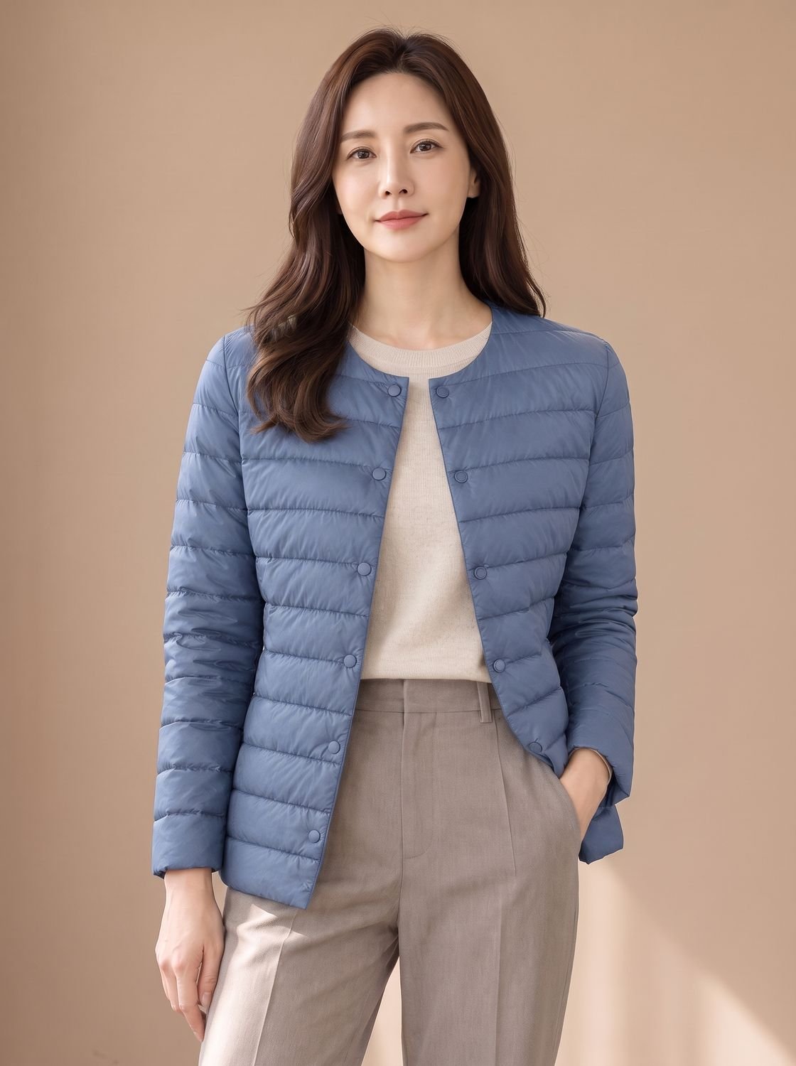 Cozy Lightweight Down Puffer Jacket for Women with Round Neck Long Sleeve Collarless Snap Winter Style