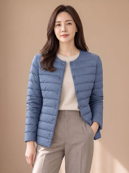 Cozy Lightweight Down Puffer Jacket for Women with Round Neck Long Sleeve Collarless Snap Winter Style