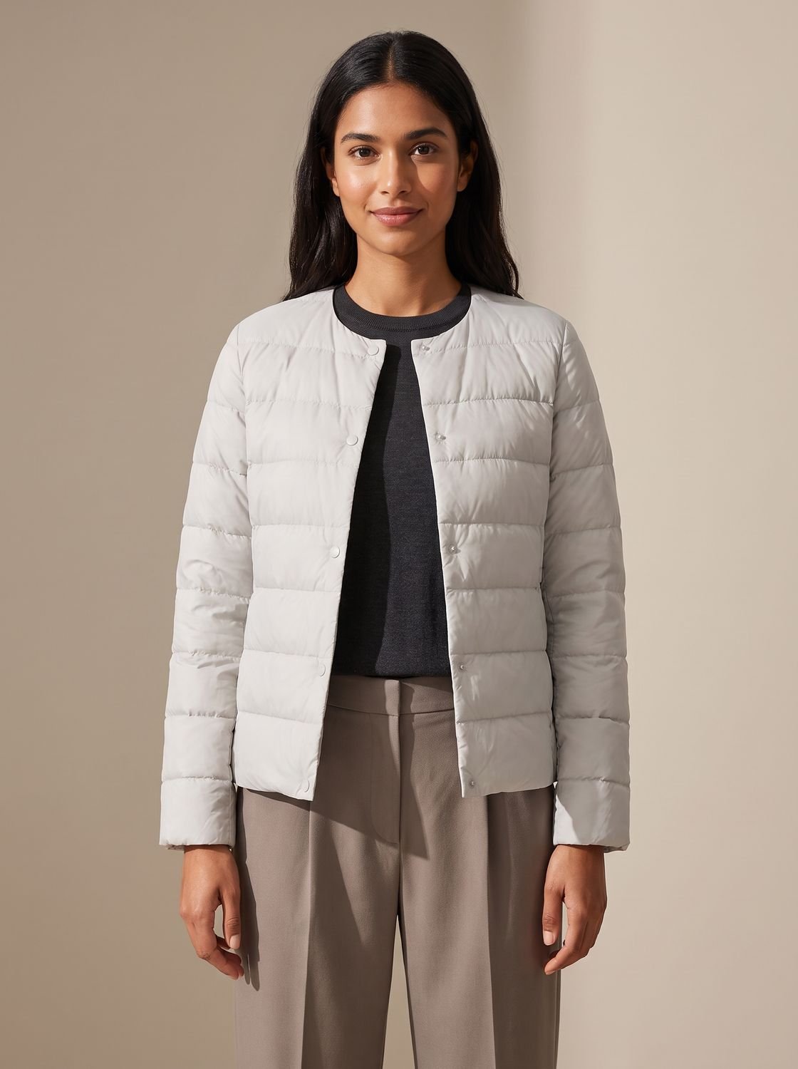 Cozy Lightweight Down Puffer Jacket for Women with Round Neck Long Sleeve Collarless Snap Winter Style