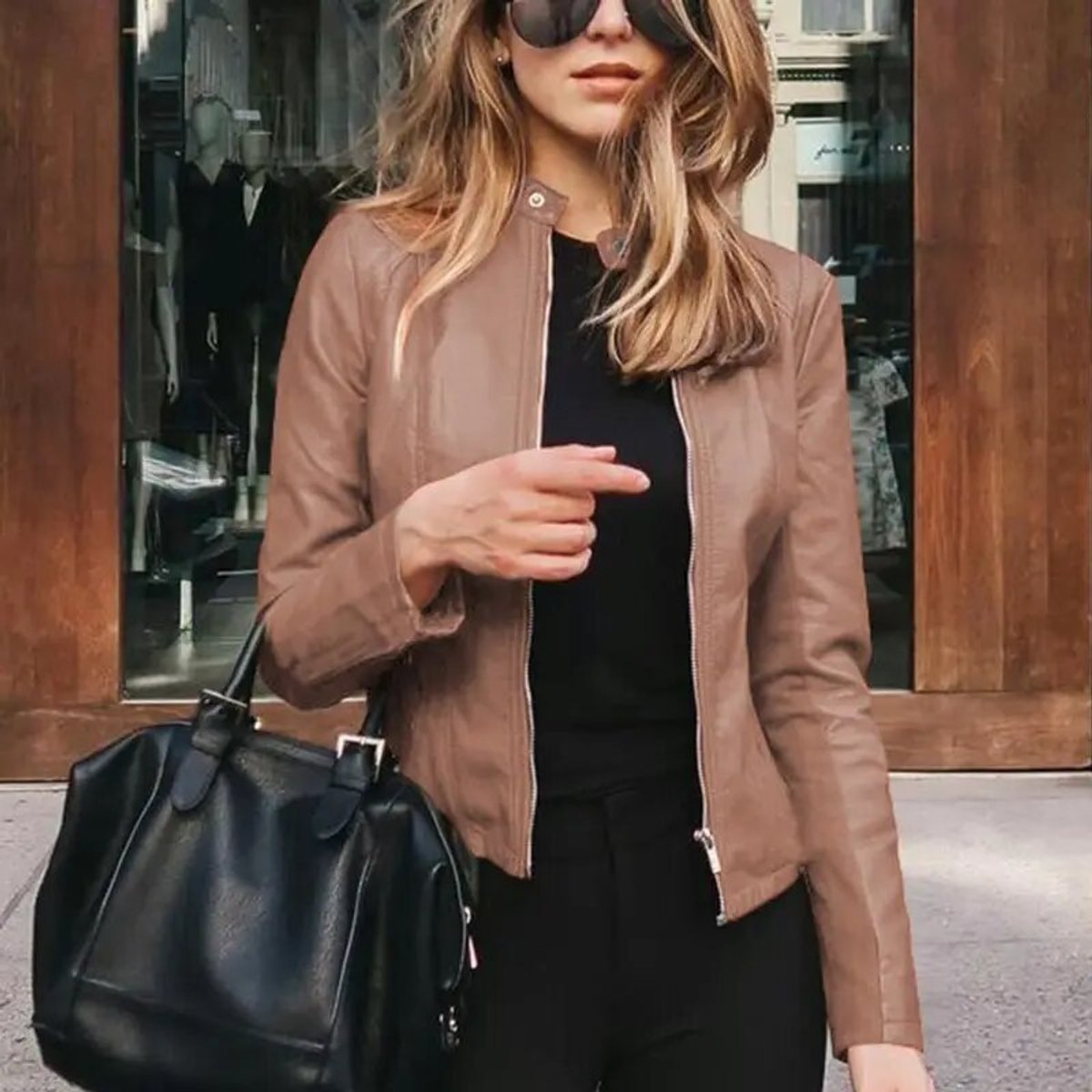 Sleek Faux Leather Jacket for Women with Band Collar Zip Up Fitted Moto Style