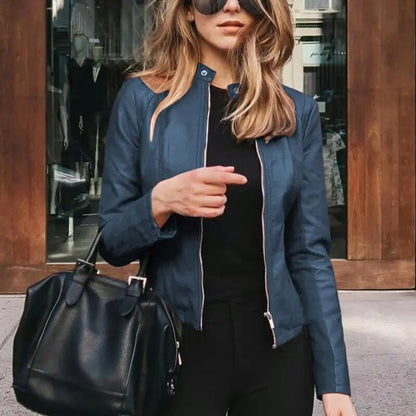 Sleek Faux Leather Jacket for Women with Band Collar Zip Up Fitted Moto Style