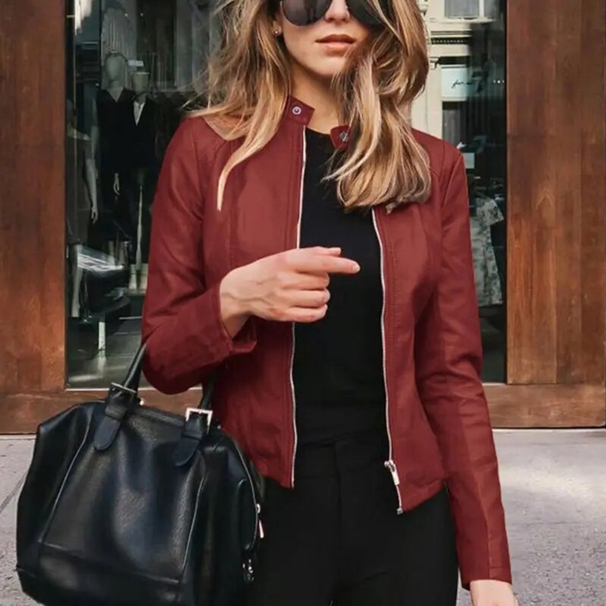 Sleek Faux Leather Jacket for Women with Band Collar Zip Up Fitted Moto Style