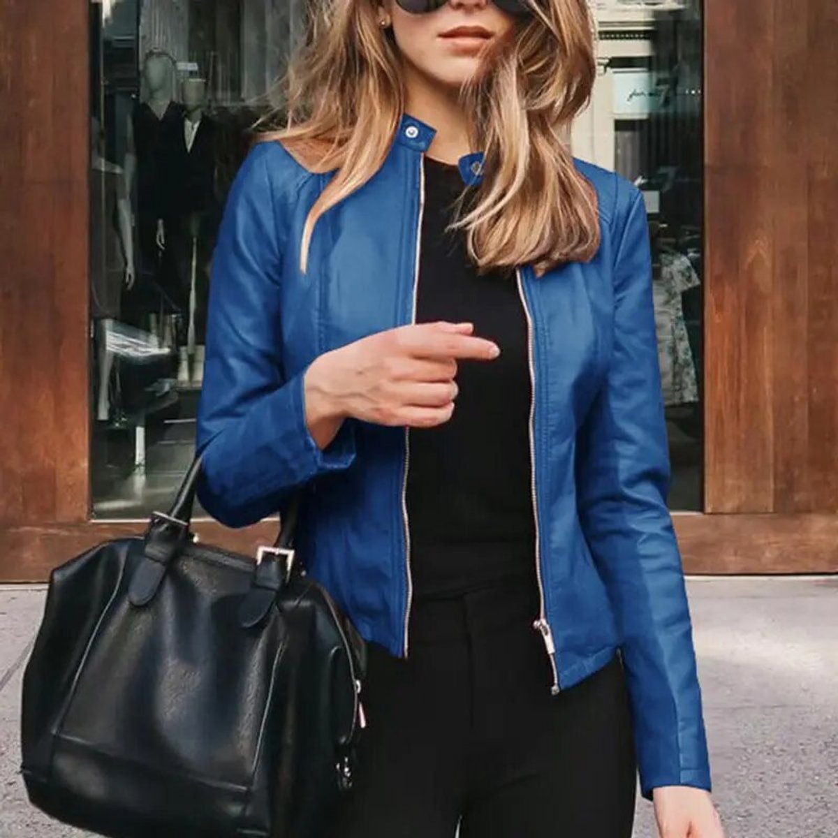 Sleek Faux Leather Jacket for Women with Band Collar Zip Up Fitted Moto Style