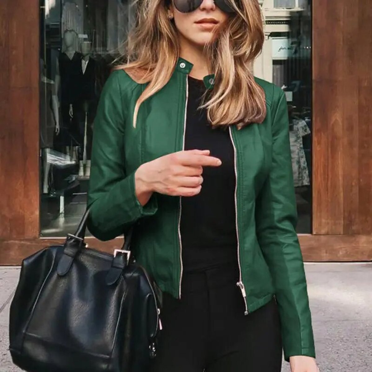 Sleek Faux Leather Jacket for Women with Band Collar Zip Up Fitted Moto Style