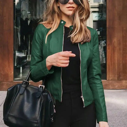 Sleek Faux Leather Jacket for Women with Band Collar Zip Up Fitted Moto Style