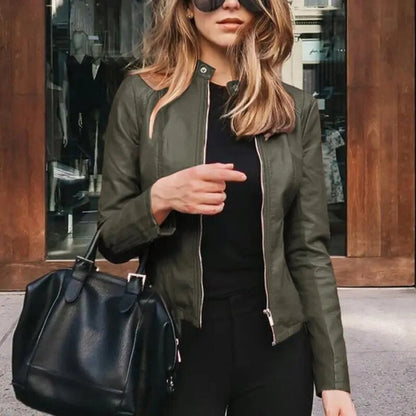 Sleek Faux Leather Jacket for Women with Band Collar Zip Up Fitted Moto Style