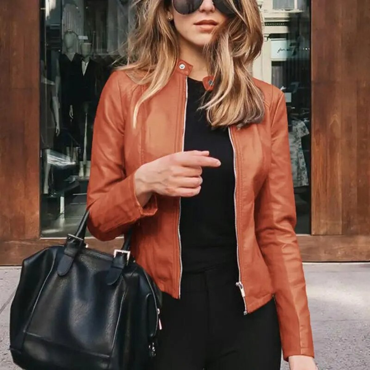 Sleek Faux Leather Jacket for Women with Band Collar Zip Up Fitted Moto Style