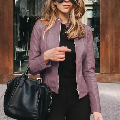 Sleek Faux Leather Jacket for Women with Band Collar Zip Up Fitted Moto Style