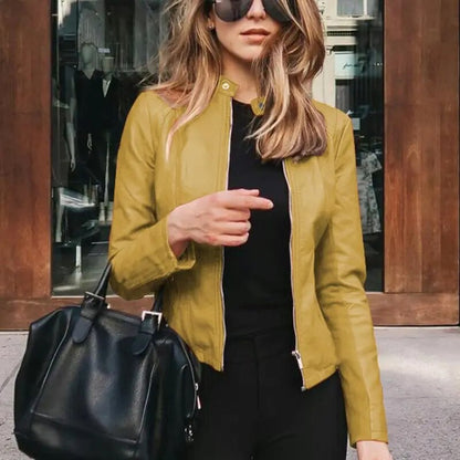 Sleek Faux Leather Jacket for Women with Band Collar Zip Up Fitted Moto Style