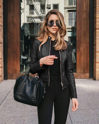 Elegant Faux Leather Jacket for Women with Band Collar Long Sleeve Zip Front Moto Style
