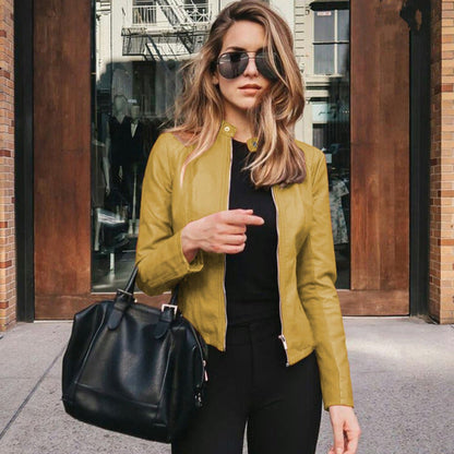 Elegant Faux Leather Jacket for Women with Band Collar Long Sleeve Zip Front Moto Style