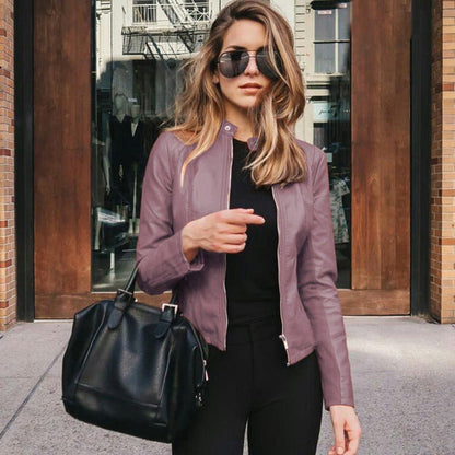 Elegant Faux Leather Jacket for Women with Band Collar Long Sleeve Zip Front Moto Style