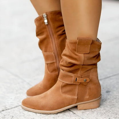 Effortless Wide Calf Boots for Women with Slouchy Faux Suede Mid Calf Low Block Heel Style