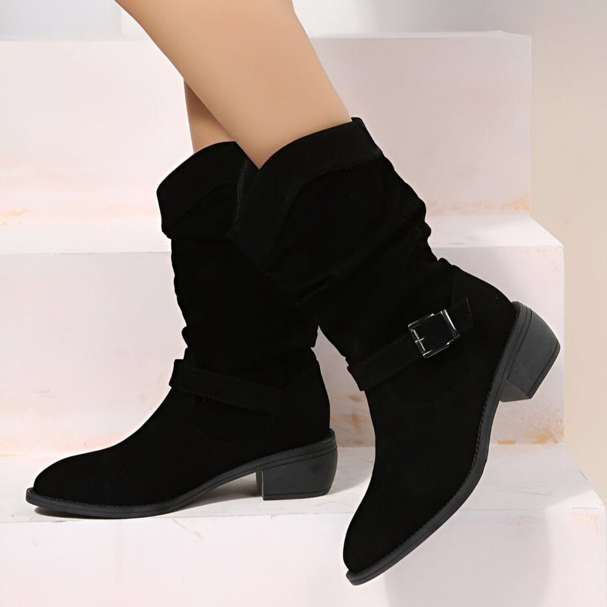 Effortless Wide Calf Boots for Women with Slouchy Faux Suede Mid Calf Low Block Heel Style