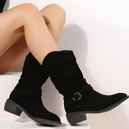 Effortless Wide Calf Boots for Women with Slouchy Faux Suede Mid Calf Low Block Heel Style
