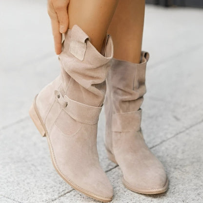 Effortless Wide Calf Boots for Women with Slouchy Faux Suede Mid Calf Low Block Heel Style