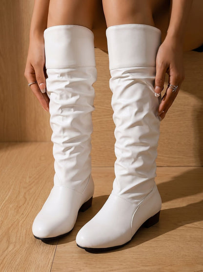 Chic Faux Leather Slouchy Knee High Boots for Women with Cuffed Shaft Pointed-Toe Pull-On Block Heel Style