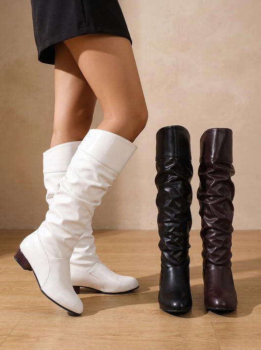 Chic Faux Leather Slouchy Knee High Boots for Women with Cuffed Shaft Pointed-Toe Pull-On Block Heel Style