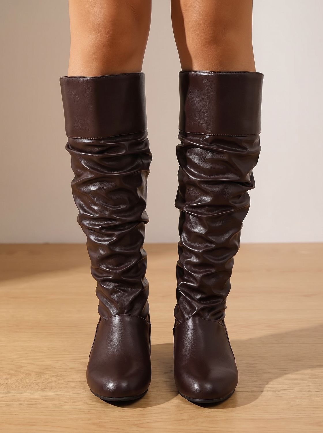 Chic Faux Leather Slouchy Knee High Boots for Women with Cuffed Shaft Pointed-Toe Pull-On Block Heel Style