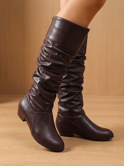 Chic Faux Leather Slouchy Knee High Boots for Women with Cuffed Shaft Pointed-Toe Pull-On Block Heel Style
