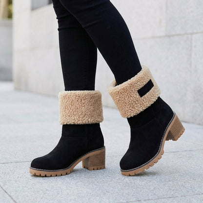 Warm Black Snow Boots for Women with Faux Fur Cuff Block Heel Slip On Winter Snowproof Style