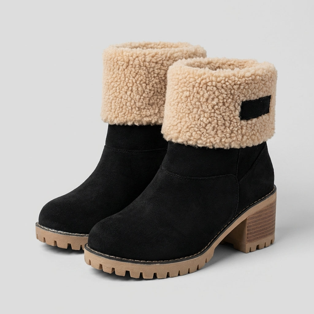 Warm Black Snow Boots for Women with Faux Fur Cuff Block Heel Slip On Winter Snowproof Style