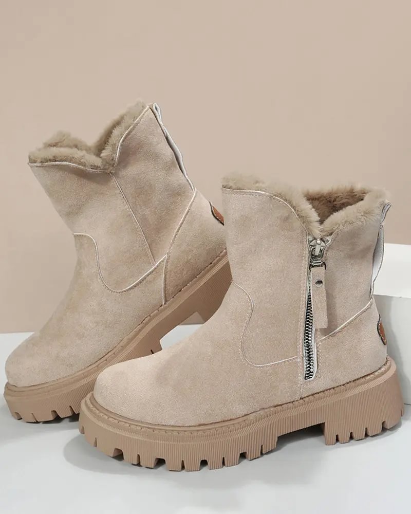 Cozy Black Snow Boots for Women with Faux Fur Lining Side Zip Platform Lug Sole Snowproof Style