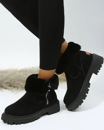 Cozy Black Ankle Boots for Women with Fleece Lining Side Zip Lug Sole Style