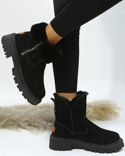 Cozy Black Ankle Boots for Women with Fleece Lining Side Zip Lug Sole Style