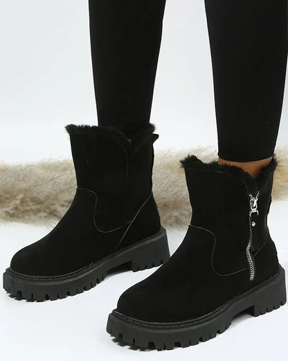 Cozy Black Ankle Boots for Women with Fleece Lining Side Zip Lug Sole Style