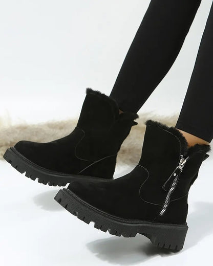 Cozy Black Ankle Boots for Women with Fleece Lining Side Zip Lug Sole Style